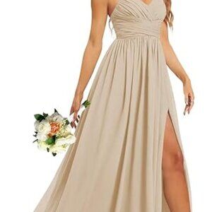 Chiffon V Neck Split Bridesmaid or Evening Dress with Hidden Pockets